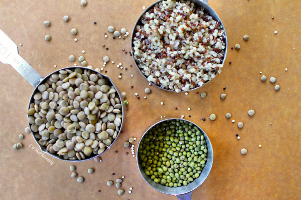 Mung beans lentils quinoa top down
