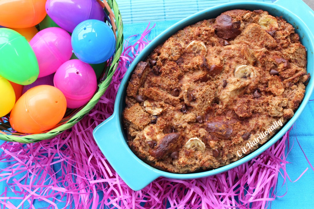 Bread pudding with easter eggs top down