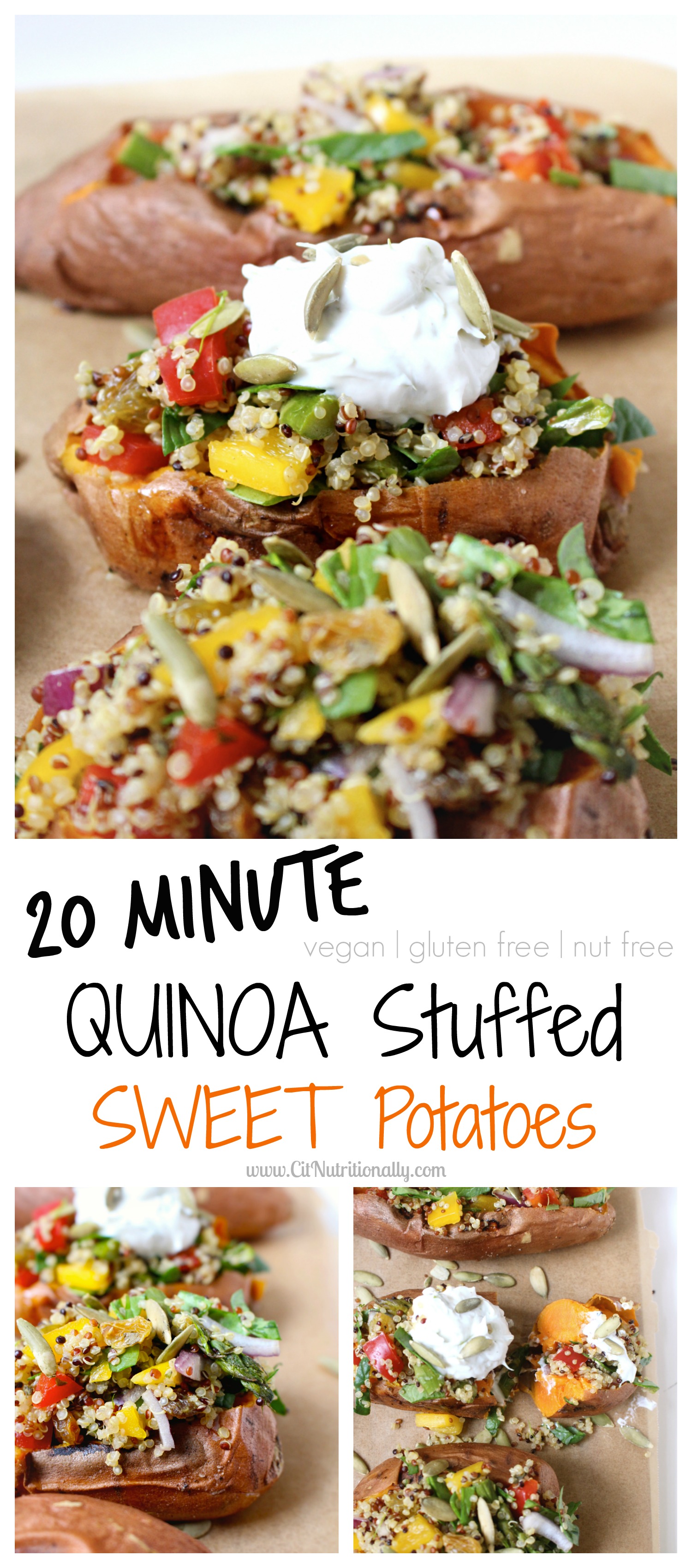 Comforting, flavorful, colorful and oh so good for you…Make weeknight cooking easy with these Quinoa Stuffed Sweet Potatoes…a healthy, plant-based meal you can get on the table in as little as 20 minutes! Vegan, gluten free, dairy free, nut free! Quinoa Stuffed Sweet Potatoes | C it Nutritionally