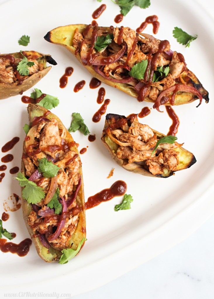 Still looking for the PERFECT Super Bowl appetizer to WOW your crowd?! These BBQ Chicken Stuffed Sweet Potato Skins are exactly what you need -- full of protein, fiber, and absolute deliciousness, this healthier take on a greasy classic will lead your body saying TOUCHDOWN on Monday! Gluten free, Grain free, Dairy free, Nut free, Soy free. | C it Nutritionally