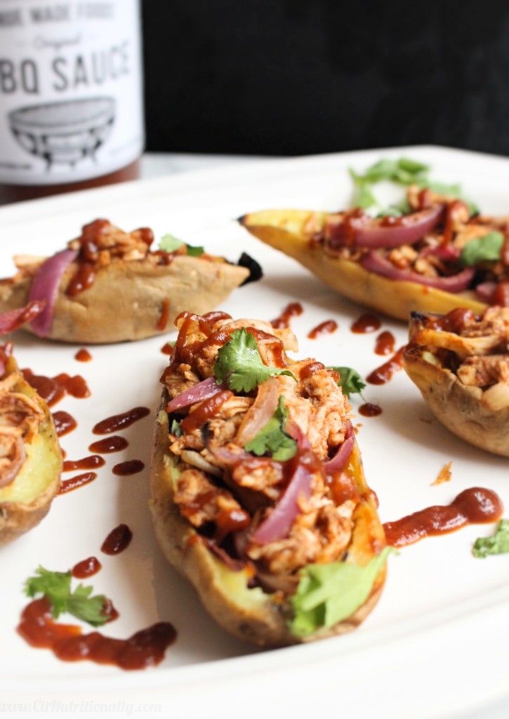 Still looking for the PERFECT Super Bowl appetizer to WOW your crowd?! These BBQ Chicken Stuffed Sweet Potato Skins are exactly what you need -- full of protein, fiber, and absolute deliciousness, this healthier take on a greasy classic will lead your body saying TOUCHDOWN on Monday! Gluten free, Grain free, Dairy free, Nut free, Soy free. | C it Nutritionally
