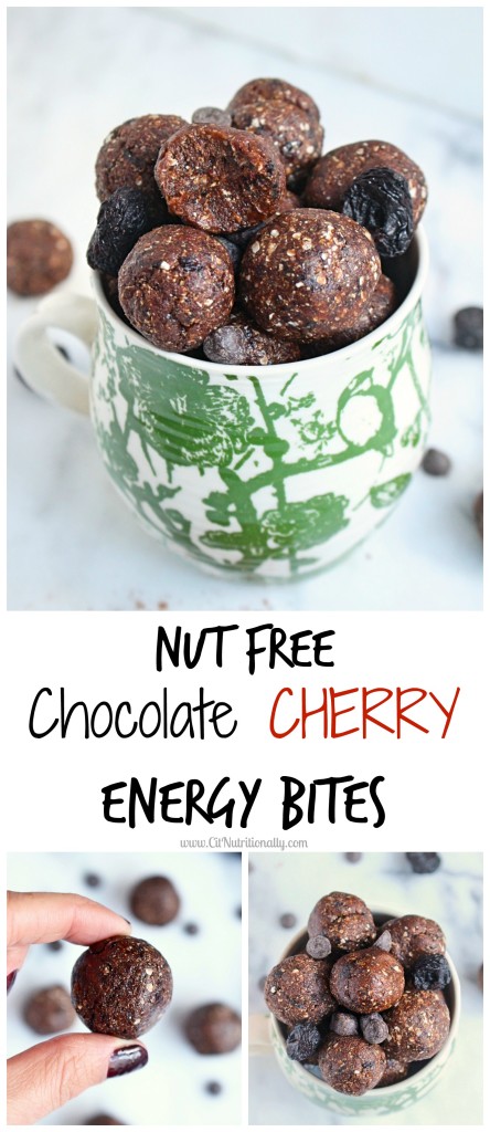 Take a bite into these chewy chocolatey Chocolate Cherry Energy Bites made without added sugar but for a sweet treat with almost 2.5 grams of fiber in each bite...the perfect pre-workout snack! Chocolate Cherry Energy Bites | C it Nutritionally