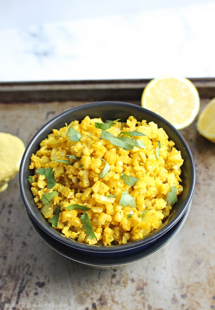 Lemony, savory, and fresh are just three words to describe this so so simple 10 Minute Lemon Cauliflower Rice with a hummus dressing that’s the perfect side dish to add to your lunch or dinner bowl! Gluten free, Paleo, Grain free, Nut free, Whole 30 approved | 10 Minute Lemon Cauliflower Rice with Lemon Hummus Dressing | C it Nutritionally 