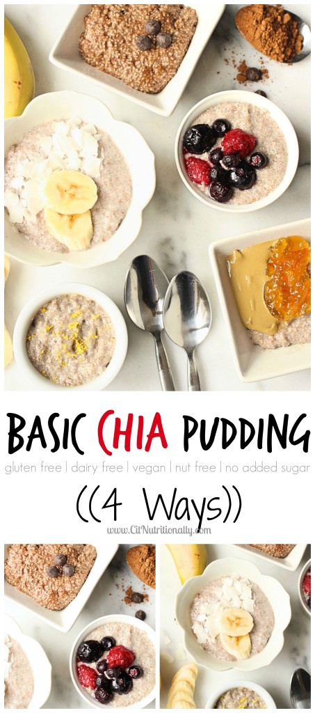 Basic Chia Pudding is one of my go-to breakfasts or snacks, especially when I’m trying to cut my added sugar intake. It’s full of fiber, protein and healthy fats that keep me full for hours. Try these 4 variations and your taste buds will thank you! Vegan, Gluten free, Grain free, Dairy free, Nut free, No added sugar | Basic Chia Pudding, 4 Ways + Video! | C it Nutritionally 