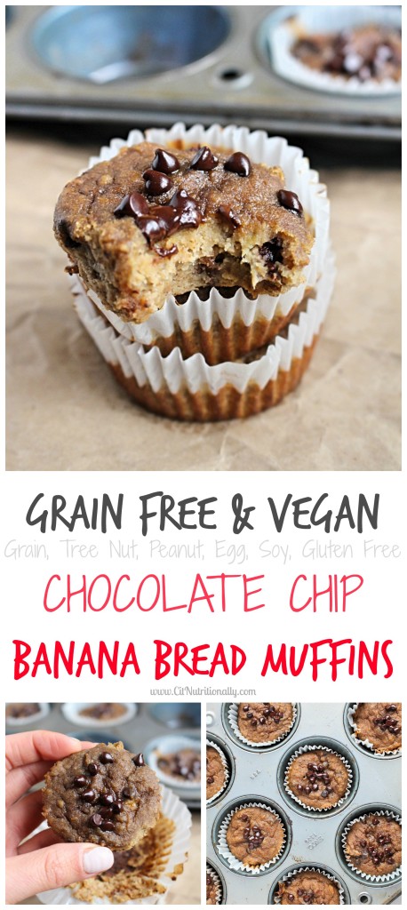 Full of flavor in every bite, these Nut Free, Grain Free, Vegan Chocolate Chip Banana Bread Muffins are the perfect addition to your brunch table, as a healthier after school snack, or even for a pre-workout burst of energy! Free of the top 8 allergens. {Vegan. Dairy free. Egg free. Soy free. Nut free. Gluten free. Grain free.} |Grain Free Vegan Chocolate Chip Banana Bread Muffins {Nut Free}| C it Nutritionally