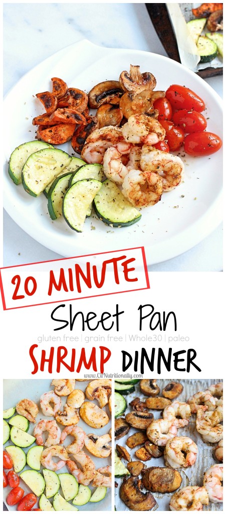 Unsure of what you can make for dinner in less than 20 minutes that’s nutritious, delicious and full of fresh food?! Then this 20 minute sheet pan shrimp dinner is exactly what you need! Whole30 approved, Paleo, Gluten free, Grain free, Dairy free 20 Minute Sheet Pan Shrimp Dinner | C it Nutritionally