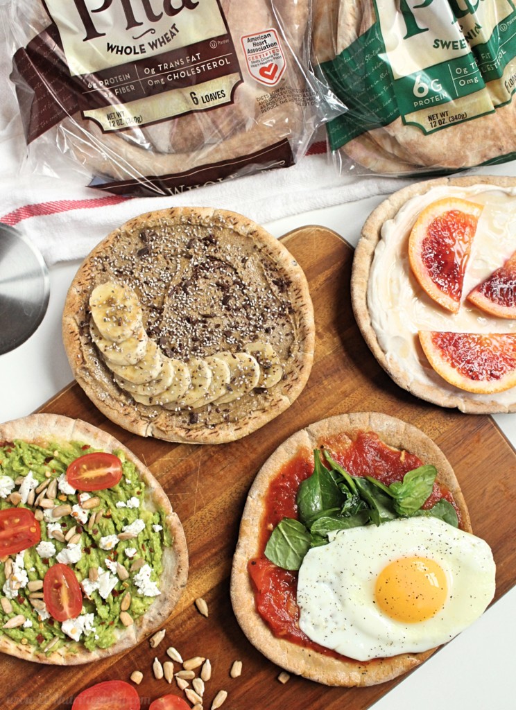 #ad With savory, sweet, salty and spicy flavors, there’s something for everyone with this fun DIY Customizable Breakfast Pita Pizza bar, perfect to feed a crowd breakfast for dinner! Vegetarian, Vegan options, Dairy free options, Egg free options, Nut free, Peanut free Customizable Breakfast Pita Pizza - 4 Ways | C it Nutritionally