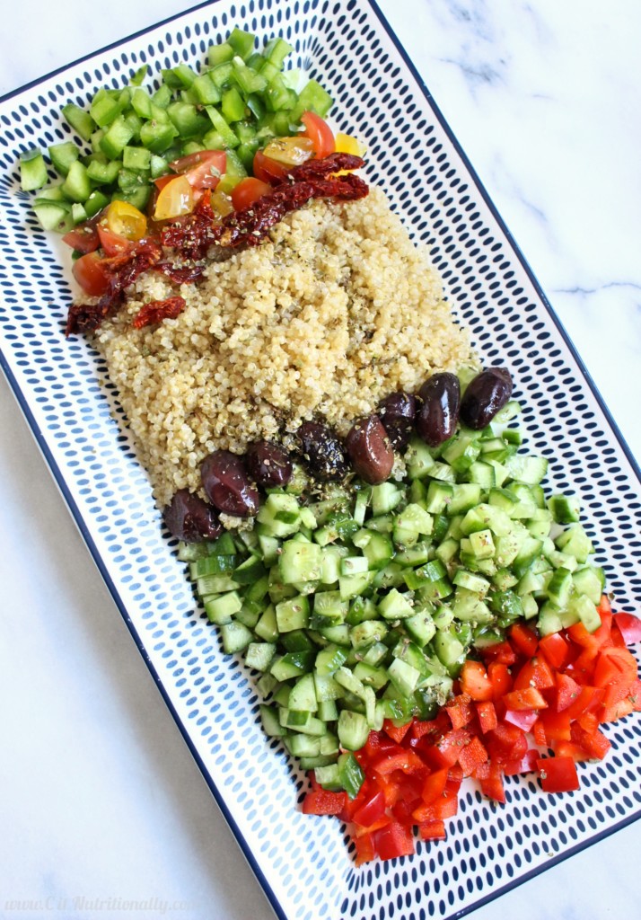 20 Minute Dairy Free Greek Quinoa Salad | C it Nutritionally This 20 Minute Dairy Free Greek Quinoa Salad is all around EASY -- easy to whip up, easy to digest, and easy on your taste buds… and absolutely delicious! Low FODMAP friendly, Gluten free, Dairy Free, Nut Free, Egg Free