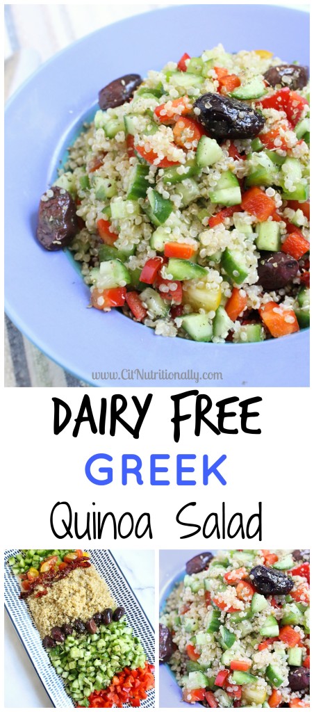 20 Minute Dairy Free Greek Quinoa Salad | C it Nutritionally This 20 Minute Dairy Free Greek Quinoa Salad is all around EASY -- easy to whip up, easy to digest, and easy on your taste buds… and absolutely delicious! Low FODMAP friendly, Gluten free, Dairy Free, Nut Free, Egg Free
