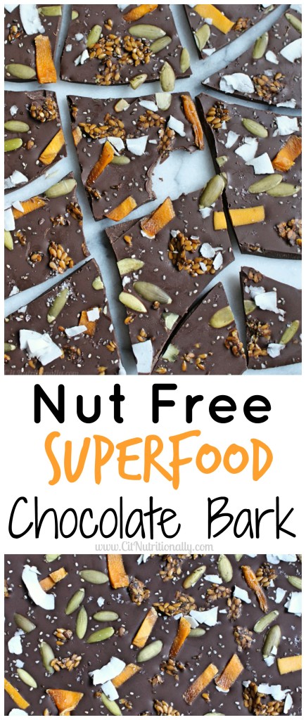 Nut Free Superfood Chocolate Bark | C it Nutritionally Get your chocolate fix with this healthier dessert -- Nut Free Superfood Chocolate Bark -- full of vitamin C, antioxidants, omega 3 fatty acids and even fiber! 