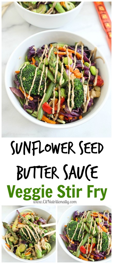 Sunflower Seed Butter Sauce Veggie Stir Fry | C it Nutritionally Kick your traditional stir fry up a notch with this sunflower seed butter sauce veggie stir fry that’s every bit delicious as it is nutritious! Vegan, Gluten free, Grain free, Nut free, Dairy free, Egg free