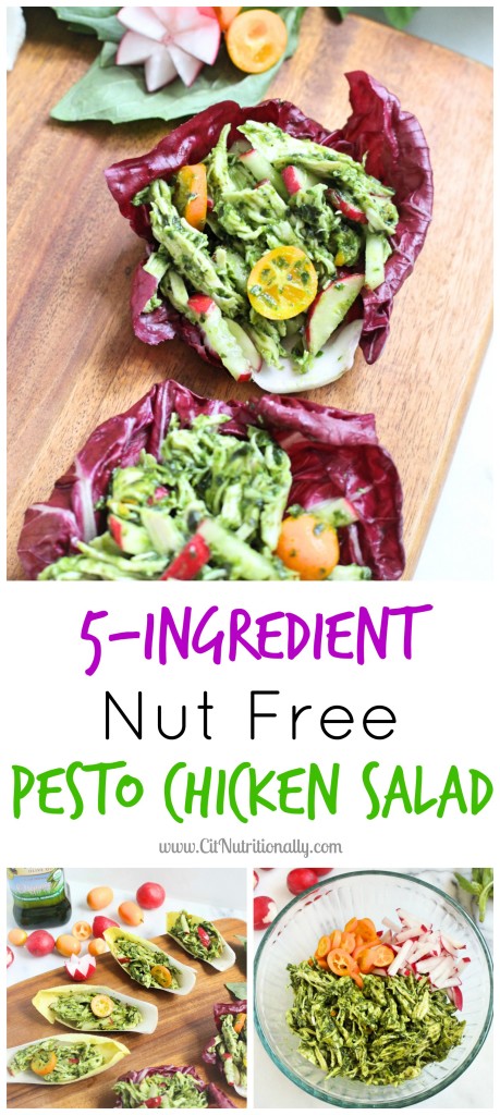 5-Ingredient Nut Free Pesto Chicken Salad | C it Nutritionally | Simple, decadent and delightful, this 5-Ingredient Nut Free Pesto Chicken Salad made with just 5 ingredients, will take center stage at your next lunch gathering… or to jazz up your brown bag! 