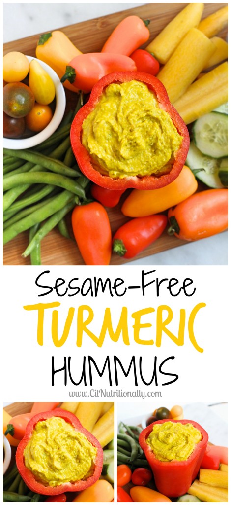 Sesame-Free Turmeric Hummus | C it Nutritionally Start your party with anti-inflammatory Sesame-Free Turmeric Hummus that’s food allergy friendly, vibrantly colored and festive for any appetizer table! Vegan, Gluten free, Grain free, Nut free, Dairy free, Egg free