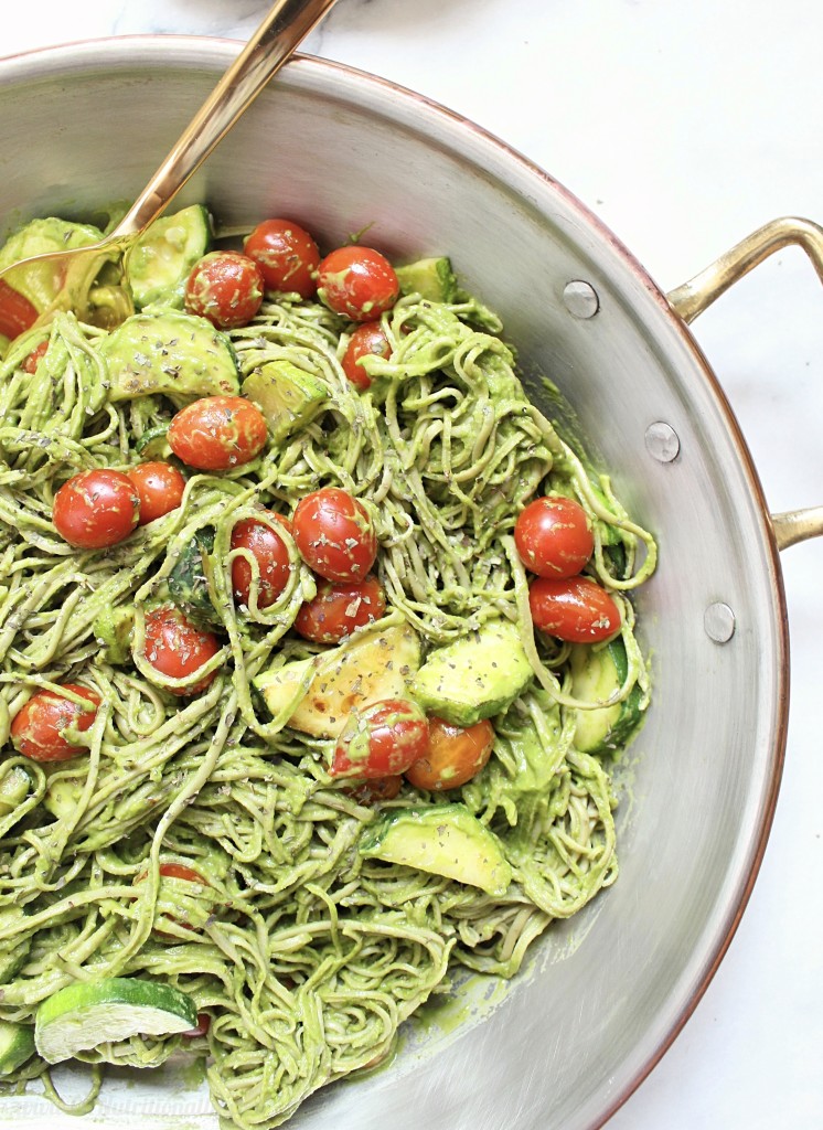 Creamy Avocado Pasta with Cherry Tomatoes and Zucchini | C it Nutritionally This easy, dairy free creamy avocado pasta is sprinkled with fresh summer cherry tomatoes and zucchini, and full of flavor in a meal you can whip up in less than 20 minutes! Dairy free, Nut free, Egg free, Gluten free, Grain free, Oil free