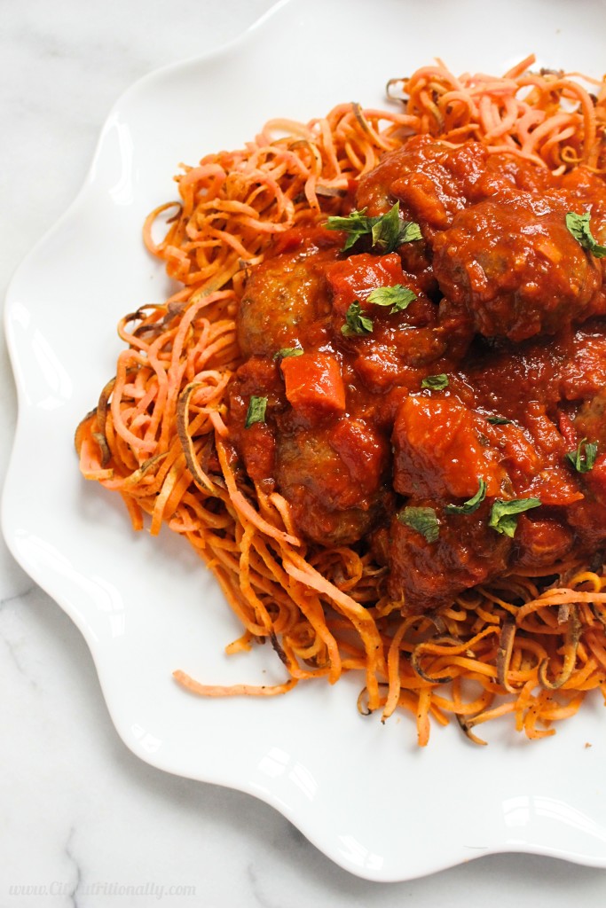 AD | Sweet Potato ‘Spaghetti’ and Meatballs | C it Nutritionally If you’re looking for healthier comfort food fit for your entire family, look no further than my Sweet Potato Spaghetti and Meatballs, made in 30 minutes with less than 5 ingredients!