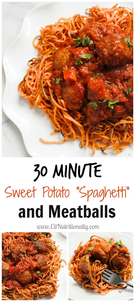 AD | Sweet Potato ‘Spaghetti’ and Meatballs | C it Nutritionally If you’re looking for healthier comfort food fit for your entire family, look no further than my Sweet Potato Spaghetti and Meatballs, made in 30 minutes with less than 5 ingredients!