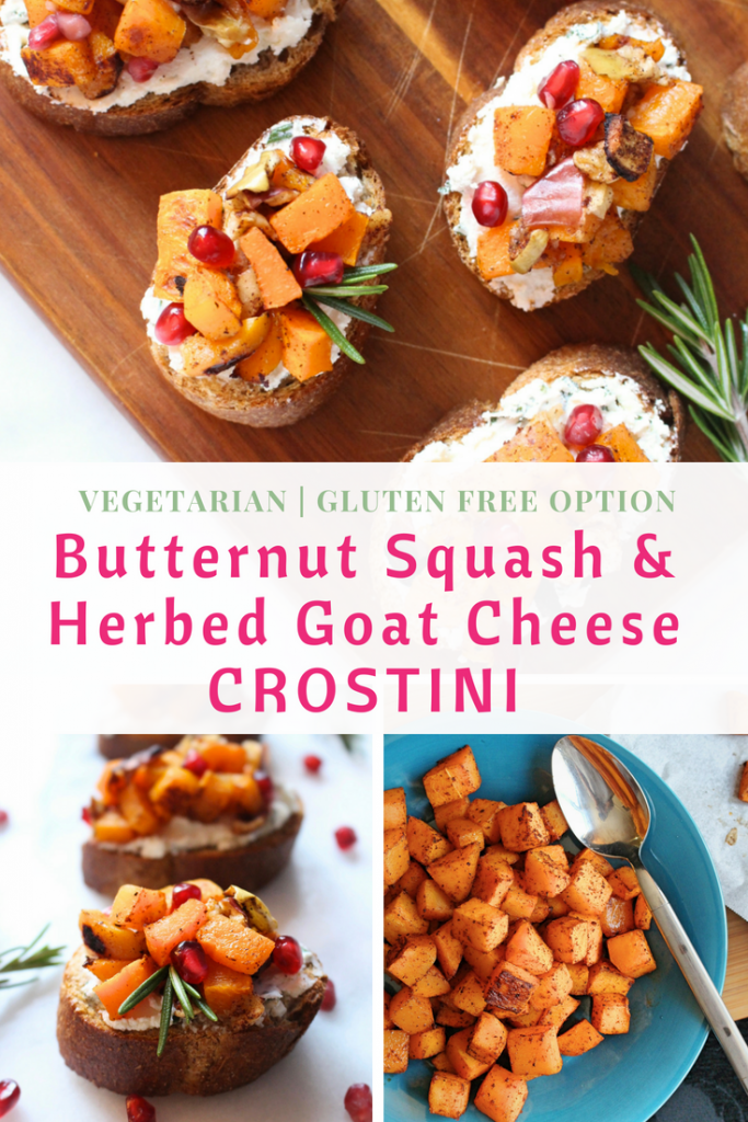 Roasted Butternut Squash and Herbed Goat Cheese Crostini | C it Nutritionally  These Roasted Butternut Squash and Pomegranate Crostini are the perfect fall appetizer to help you entertain for the holidays! Enjoy perfectly caramelized butternut squash and apples, creamy goat cheese with fresh herbs and a sprinkle of pomegranate arils.   Vegetarian, Gluten Free option, Egg Free, Soy Free, Nut Free