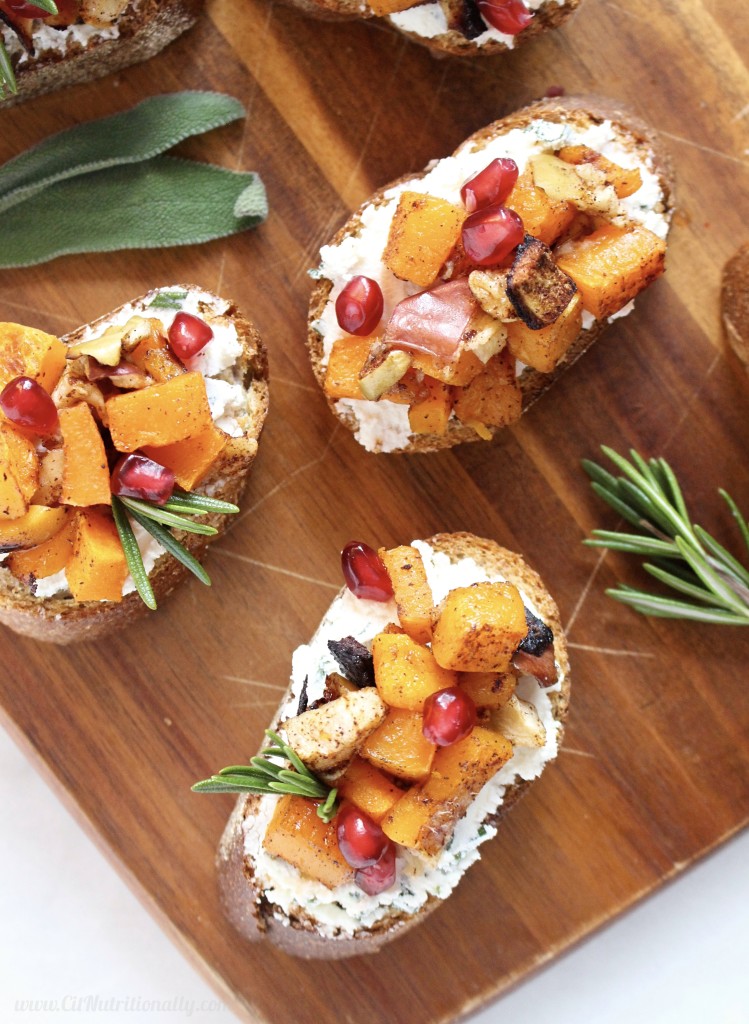 Roasted Butternut Squash and Herbed Goat Cheese Crostini | C it Nutritionally These Roasted Butternut Squash and Pomegranate Crostini are the perfect fall appetizer to help you entertain for the holidays! Enjoy perfectly caramelized butternut squash and apples, creamy goat cheese with fresh herbs and a sprinkle of pomegranate arils. Vegetarian, Gluten Free option, Egg Free, Soy Free, Nut Free