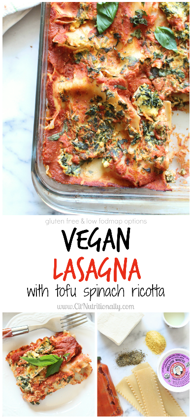 Vegan Lasagna with Tofu Ricotta | C it Nutritionally Enjoy this creamy and hearty Vegan Lasagna made with Tofu Ricotta that’s easy to assemble at the beginning of the week and reheat all week long, for a protein-packed, plant-based meal delicious for your entire family! Vegan, Nut Free, Dairy Free, Egg Free, Low FODMAP