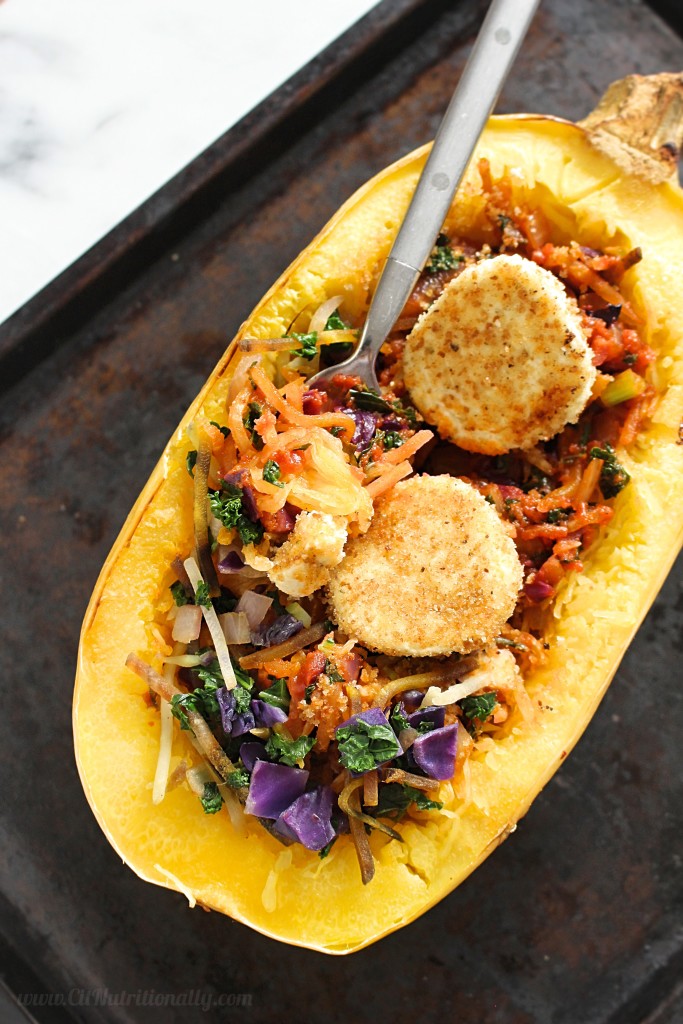 Spaghetti Squash Primavera with Baked Goat Cheese | C it Nutritionally [ad] A lightened-up pasta dish made of spaghetti squash, Mann’s Kale Beet Blend and topped with savory and creamy baked goat cheese rounds, my Spaghetti Squash Primavera with Baked Goat Cheese is perfect when hearty comfort food with a healthier twist is calling your name! Vegetarian, Gluten Free, Nut Free, Soy Free