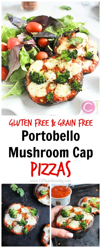Portobello Mushroom Cap Pizzas | C it Nutritionally by Chelsey Amer, MS, RDN, CDN An easy way to get your pizza fix: Portobello Mushroom Cap Pizzas that are absolutely delicious and satisfying, with your favorite tomato sauce, gooey melted mozzarella cheese, and a serving of veggies! Gluten Free, Grain Free, Nut Free, Egg Free, Soy Free; Vegetarian