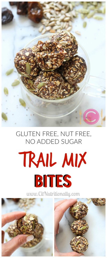 Trail Mix Energy Bites | C it Nutritionally by Chelsey Amer, MS, RDN, CDN Full of seeds, hearty oats, and cinnamon, these easy-to-make Trail Mix Bites are perfect to take on your next hike, pack for a picnic or travels, or add to your lunchbox for a naturally sweet and filling treat! 