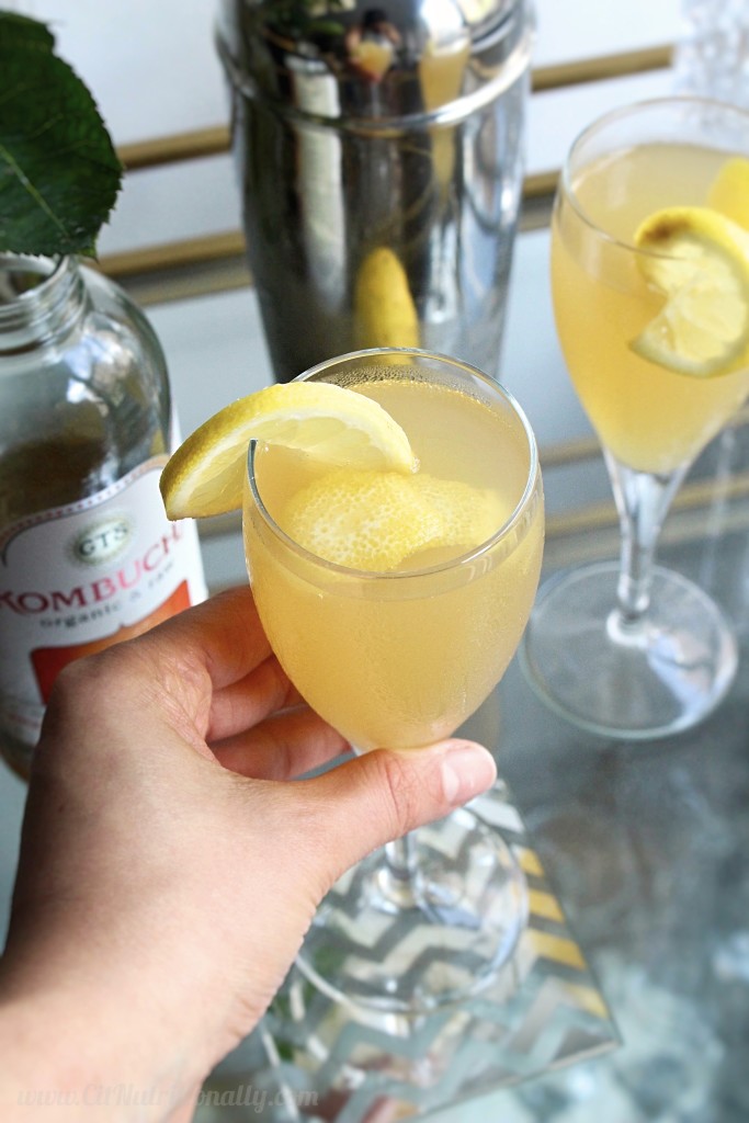 Ginger-Lemon Kombucha Cocktail | C it Nutritionally by Chelsey Amer, MS, RDN, CDN Tart with a hint of sweetness, and full of ginger flavor, this Ginger Lemon Kombucha Cocktail is a refreshing way to end your day, with a dose of gut-healthy bacteria too! 
