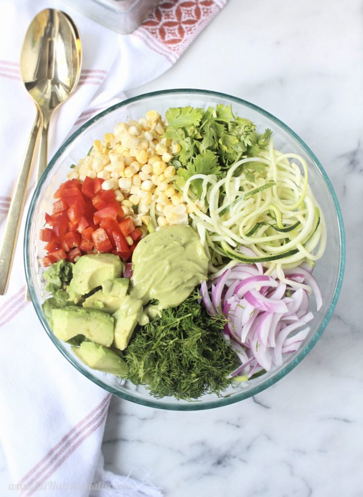 Summer Zoodle Salad With Avocado Miso Dressing | C it Nutritionally by Chelsey Amer, MS, RDN, CDN Utilize farmer's market fresh produce in this Raw Zoodle Salad with Avocado Miso Dressing for a tasty side dish or main that screams summer!