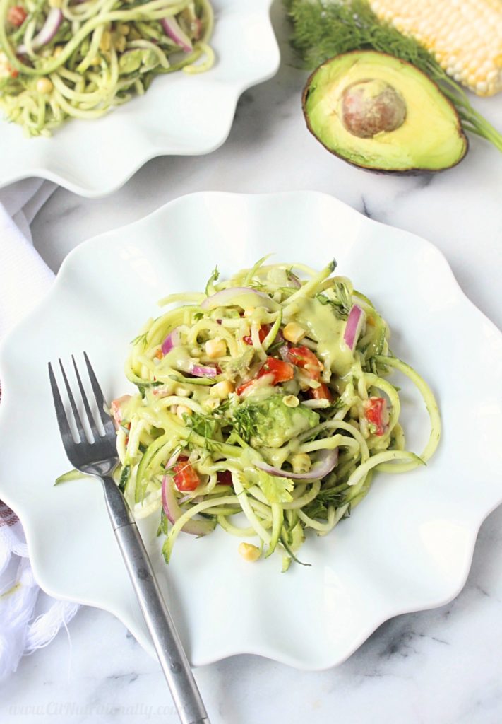 Summer Zoodle Salad With Avocado Miso Dressing | C it Nutritionally by Chelsey Amer, MS, RDN, CDN | Utilize farmer's market fresh produce in this Raw Zoodle Salad with Avocado Miso Dressing for a tasty side dish or main that screams summer!