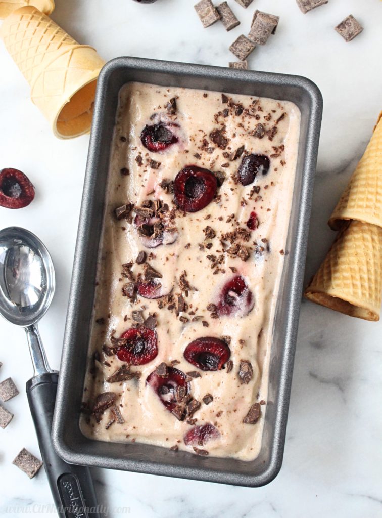 Cherry Chocolate Banana Ice Cream | C it Nutritionally by Chelsey Amer, MS, RDN, CDN This Cherry Chocolate Banana Ice Cream has all the flavor of your favorite pint - real cherries and chocolate chunks - in a dairy free version of "Cherry Garcia." Vegan, Dairy Free, Gluten Free, Nut Free, Grain Free, Soy Free, Egg Free
