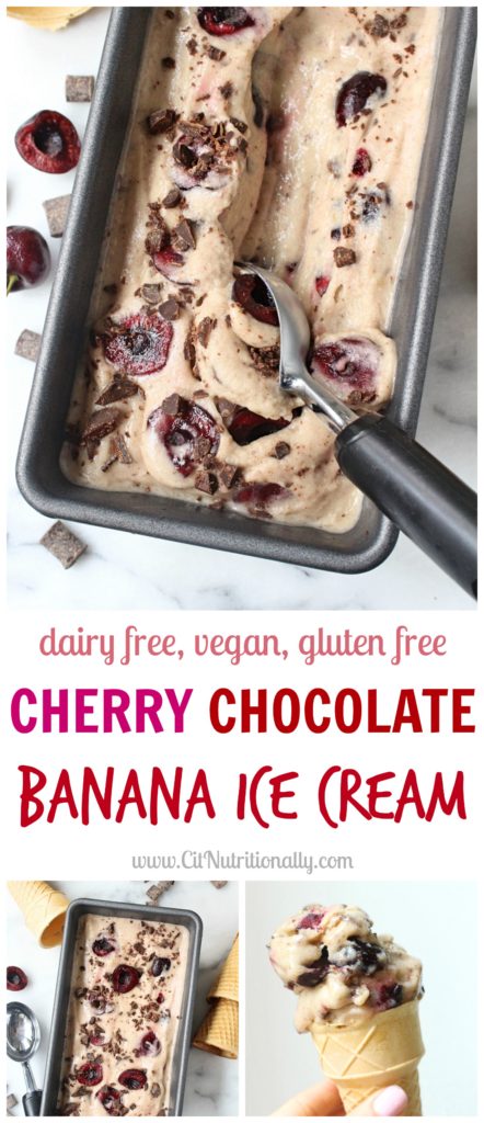 Cherry Chocolate Banana Ice Cream | C it Nutritionally by Chelsey Amer, MS, RDN, CDN This Cherry Chocolate Banana Ice Cream has all the flavor of your favorite pint - real cherries and chocolate chunks - in a dairy free version of "Cherry Garcia." Vegan, Dairy Free, Gluten Free, Nut Free, Grain Free, Soy Free, Egg Free