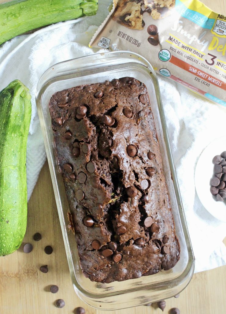 Food Allergy Friendly Double Chocolate Chip Zucchini Bread | C it Nutritionally by Chelsey Amer, MS, RDN, CDN Chocolatey, easy to bake, and food allergy friendly, this Double Chocolate Chip Zucchini Bread is loaded with an entire zucchini and tons of antioxidants, while safely satisfying every chocolate craving, thanks to Nestlé Toll House Simply Delicious Chocolate Morsels! #sponsored #dairyfree #nutfree #soyfree #glutenfree option