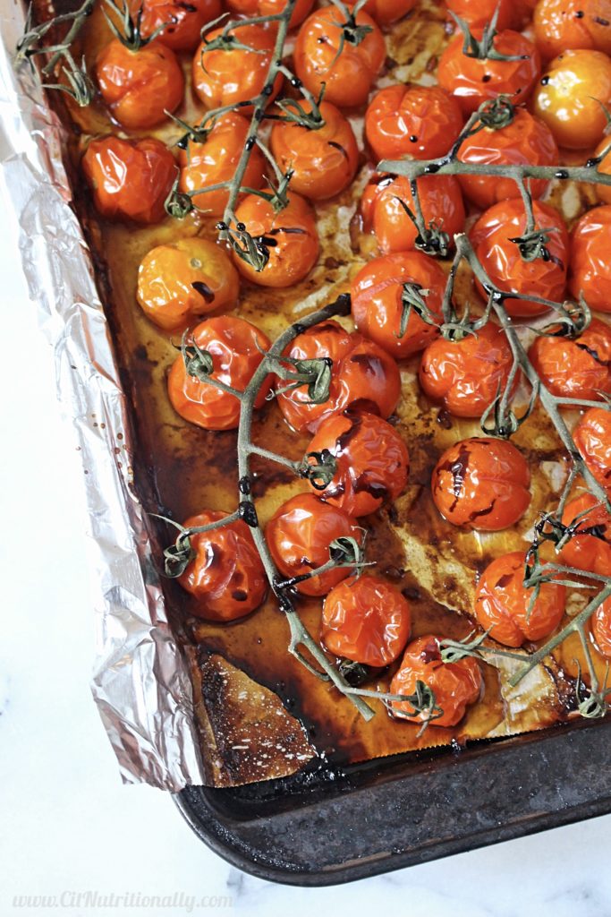 Easy Balsamic Roasted Tomatoes | C it Nutritionally by Chelsey Amer, MS, RDN, CDN | Enjoy the sweet taste of summer with these Easy Balsamic Roasted Tomatoes! They're not only full of flavor, but easy to make with mostly hands-off time, so you can enjoy the beautiful weather! Dairy Free, Soy Free, Nut Free, Egg Free, Vegan, Gluten Free, Grain Free