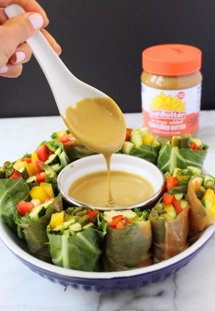 Easy Summer Rolls with SunButter Dipping Sauce | C it Nutritionally by Chelsey Amer, MS, RDN CDN Beat the heat, get dinner on the table in minutes, and enjoy a serving of veggies with these Easy Summer Rolls with a SunButter Dipping Sauce. Tree Nut Free, Peanut Free, Vegan, Gluten Free, Soy Free, Dairy Free