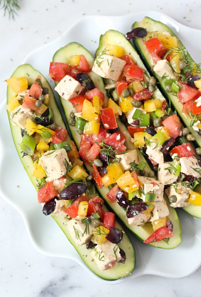 Low FODMAP Marinated Tofu Cucumber Boats | C it Nutritionally by Chelsey Amer, MS, RDN, CDN For a fun twist on your traditional Mediterranean salad (that’s also easy on digestion) try these Low FODMAP Marinated Tofu Cucumber Boats. Vegan, Gluten Free, Dairy Free, Grain Free, Paleo, Nut Free, Egg Free; *contains soy*