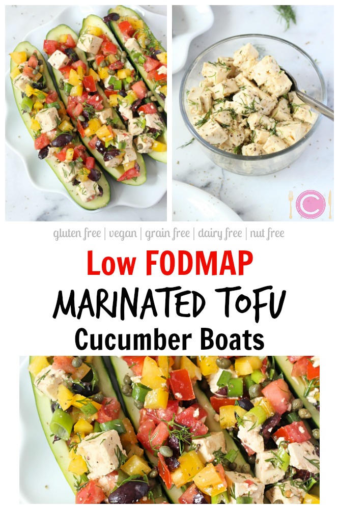 Low FODMAP Marinated Tofu Cucumber Boats | C it Nutritionally by Chelsey Amer, MS, RDN, CDN For a fun twist on your traditional Mediterranean salad (that’s also easy on digestion) try these Low FODMAP Marinated Tofu Cucumber Boats. Vegan, Gluten Free, Dairy Free, Grain Free, Paleo, Nut Free, Egg Free; *contains soy*