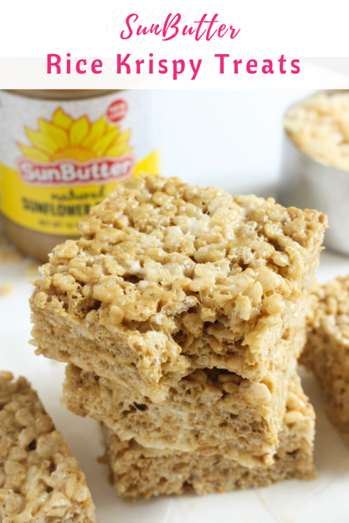 SunButter Rice Krispy Treats by Chelsey Amer, MS, RDN, CDN (AD) | Gooey marshmallows, crispy cereal, and creamy SunButter make these SunButter Rice Krispy Treats the ultimate sweet treat for your next party, school bake sale, or just because! Nut Free, Dairy Free, Gluten Free, Soy Free, Vegan option