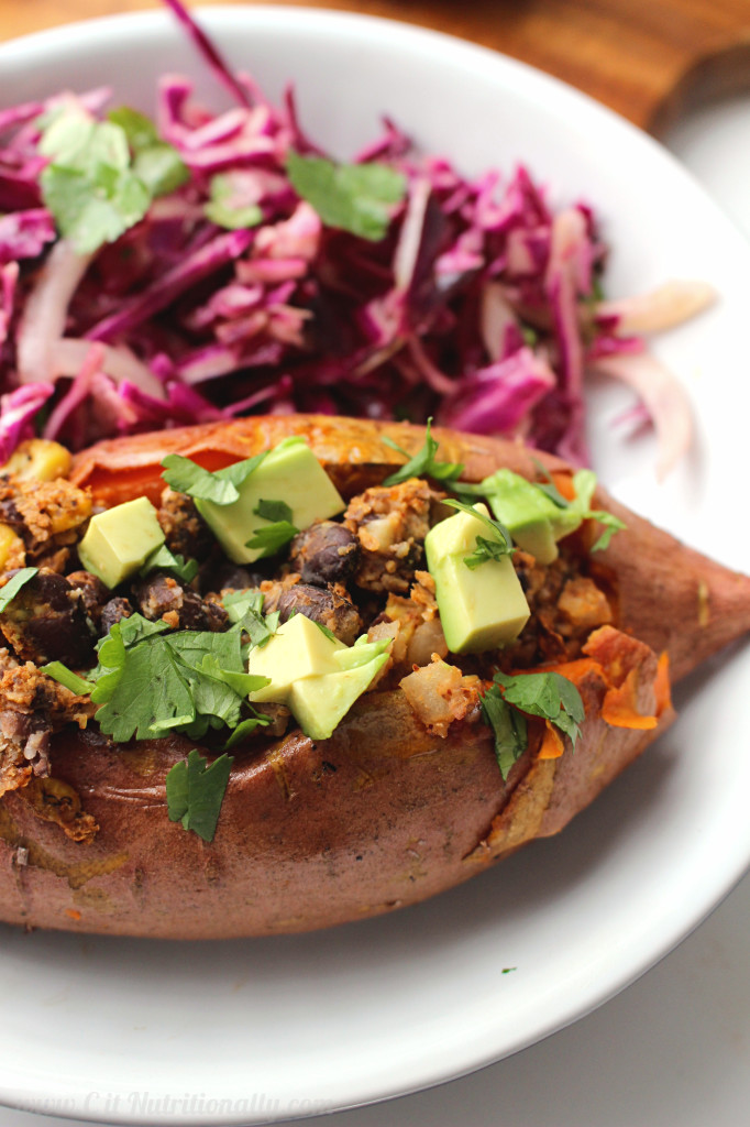 Bean Burger Stuffed Sweet Potatoes with Tangy Cabbage Slaw - Chelsey Amer