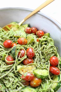 Creamy Avocado Pasta with Cherry Tomatoes and Zucchini | C it Nutritionally This easy, dairy free creamy avocado pasta is sprinkled with fresh summer cherry tomatoes and zucchini, and full of flavor in a meal you can whip up in less than 20 minutes! Dairy free, Nut free, Egg free, Gluten free, Grain free, Oil free