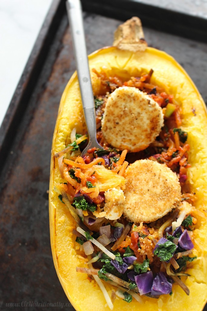 Spaghetti Squash Primavera with Baked Goat Cheese - Chelsey Amer