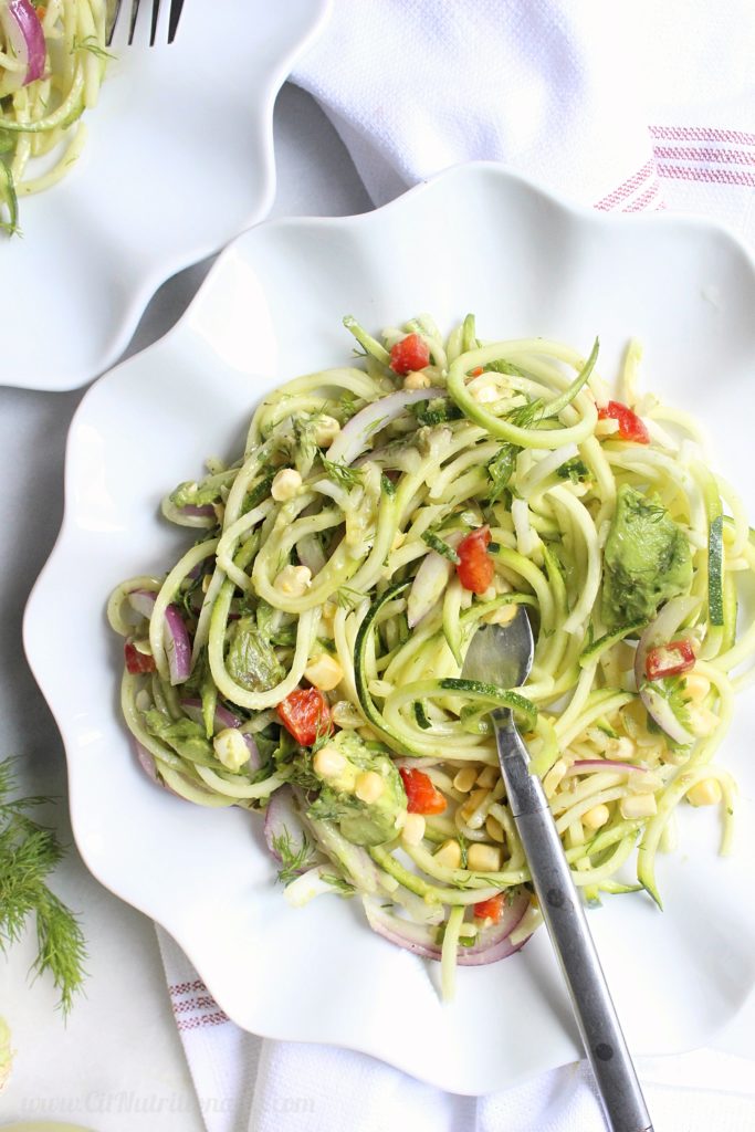 Summer Zoodle Salad With Avocado Miso Dressing 