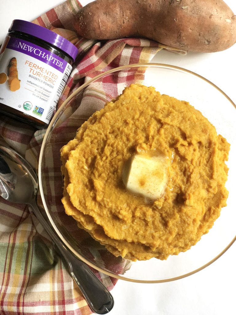 Healthy Sweet Potato Mash | Chelsey Amer Nutrition Enjoy these Healthy Mashed Sweet Potatoes that are every bit smooth and creamy, without weighing you down. They’re made with a secret ingredient and full of flavor thanks to the extra boost from fermented turmeric. Gluten Free, Grain Free, Dairy Free option, Vegan option