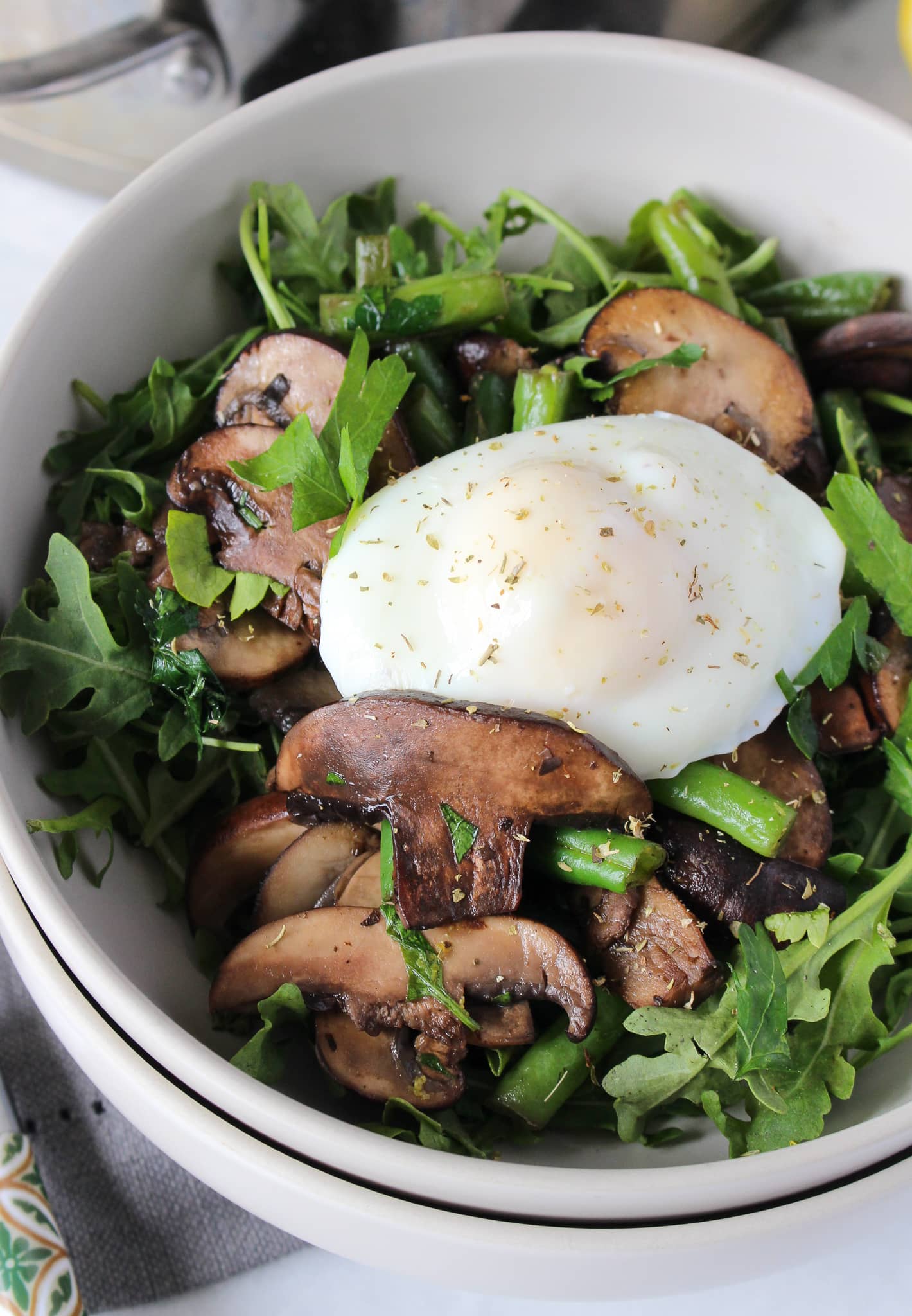 Warm Mushroom and Green Bean Salad with Poached Eggs