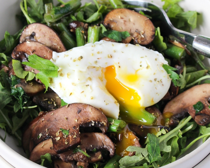 Warm Mushroom and Green Bean Salad with Poached Eggs