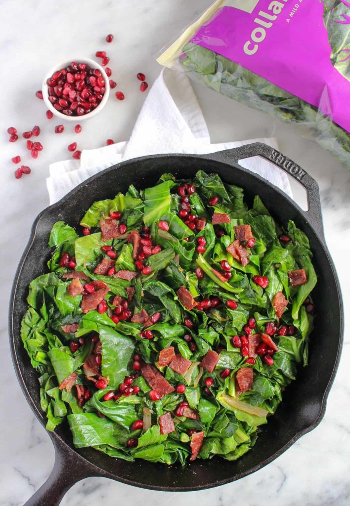 Sauteed Collard Greens with Pomegranate Seeds and Bacon
