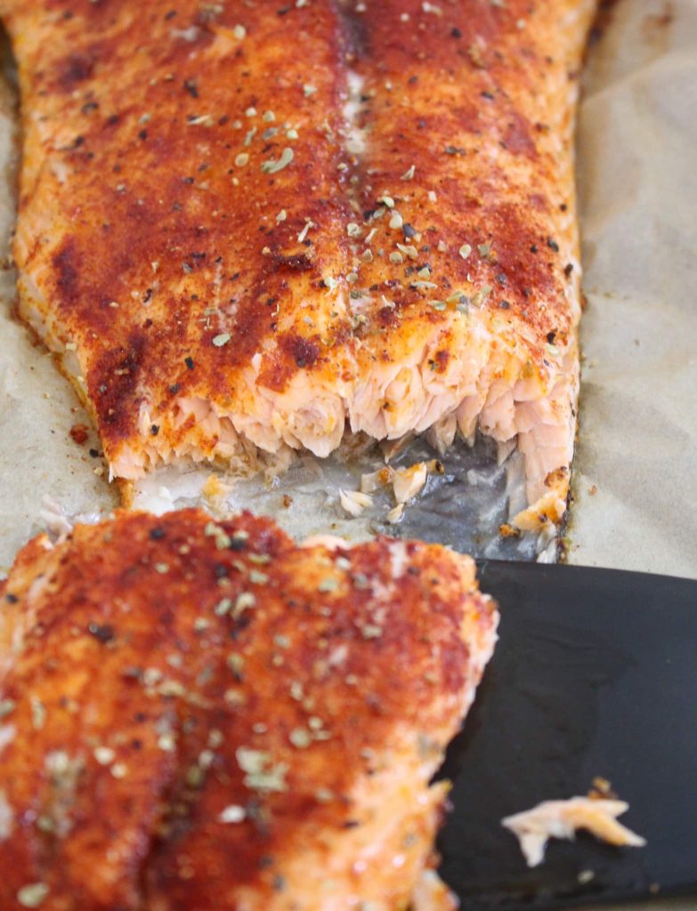 Spice-Rubbed Roasted Salmon Cut in half