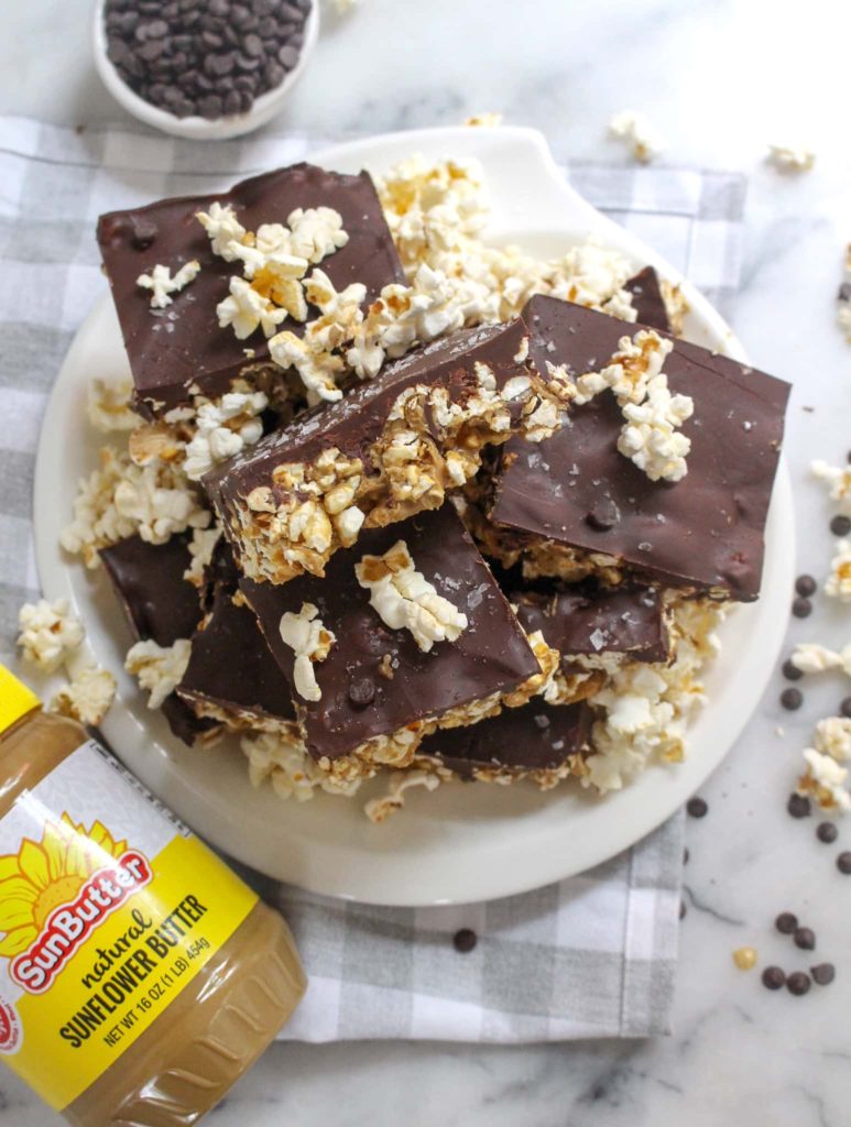 Chocolate Popcorn Bars made with popcorn, SunButter, butter, and chocolate