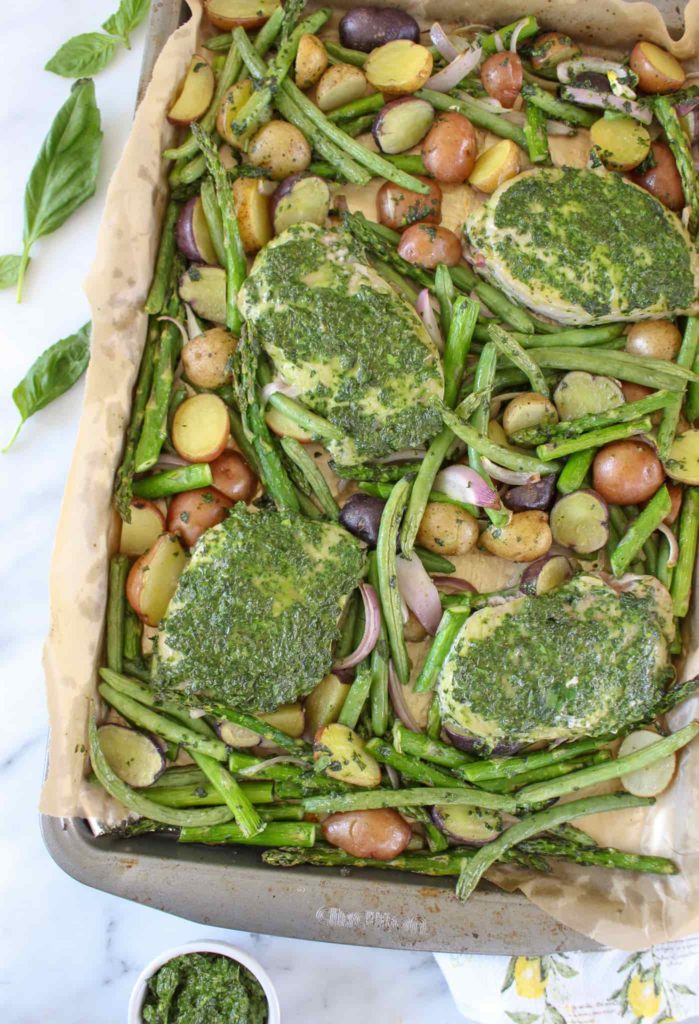 Sheet Pan Pesto Pork Chops with Baby Potatoes, Asparagus and Green Beans