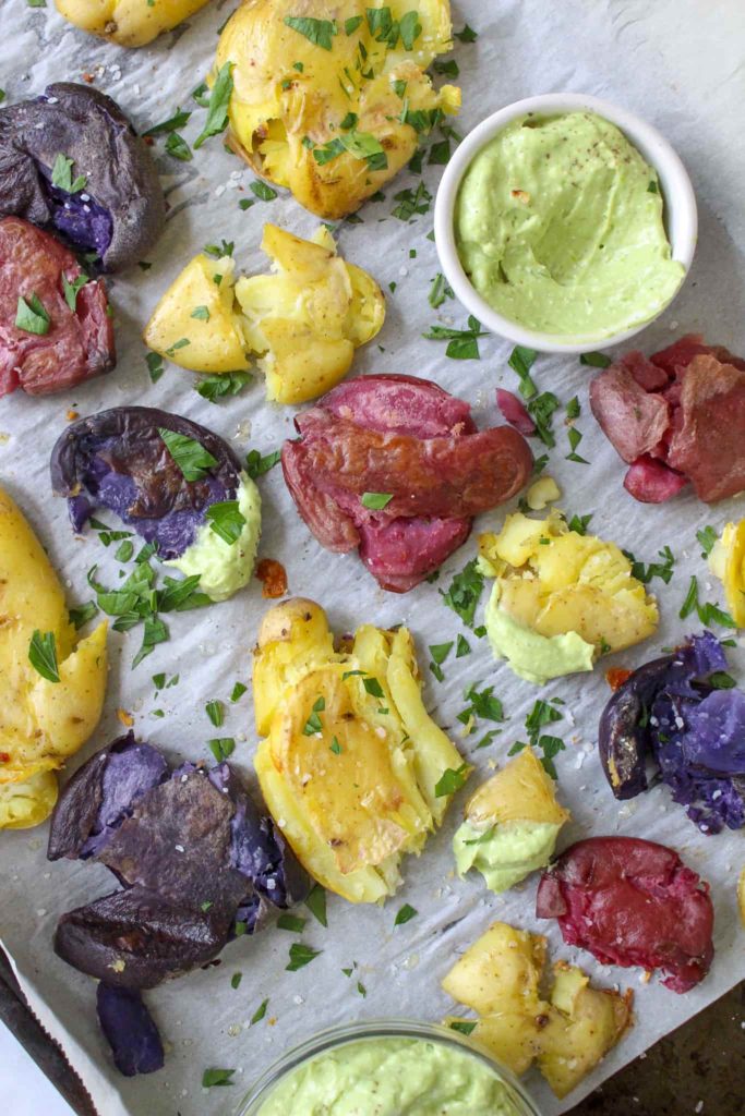 Crispy Smashed Potatoes with Creamy High Protein Avocado Dip