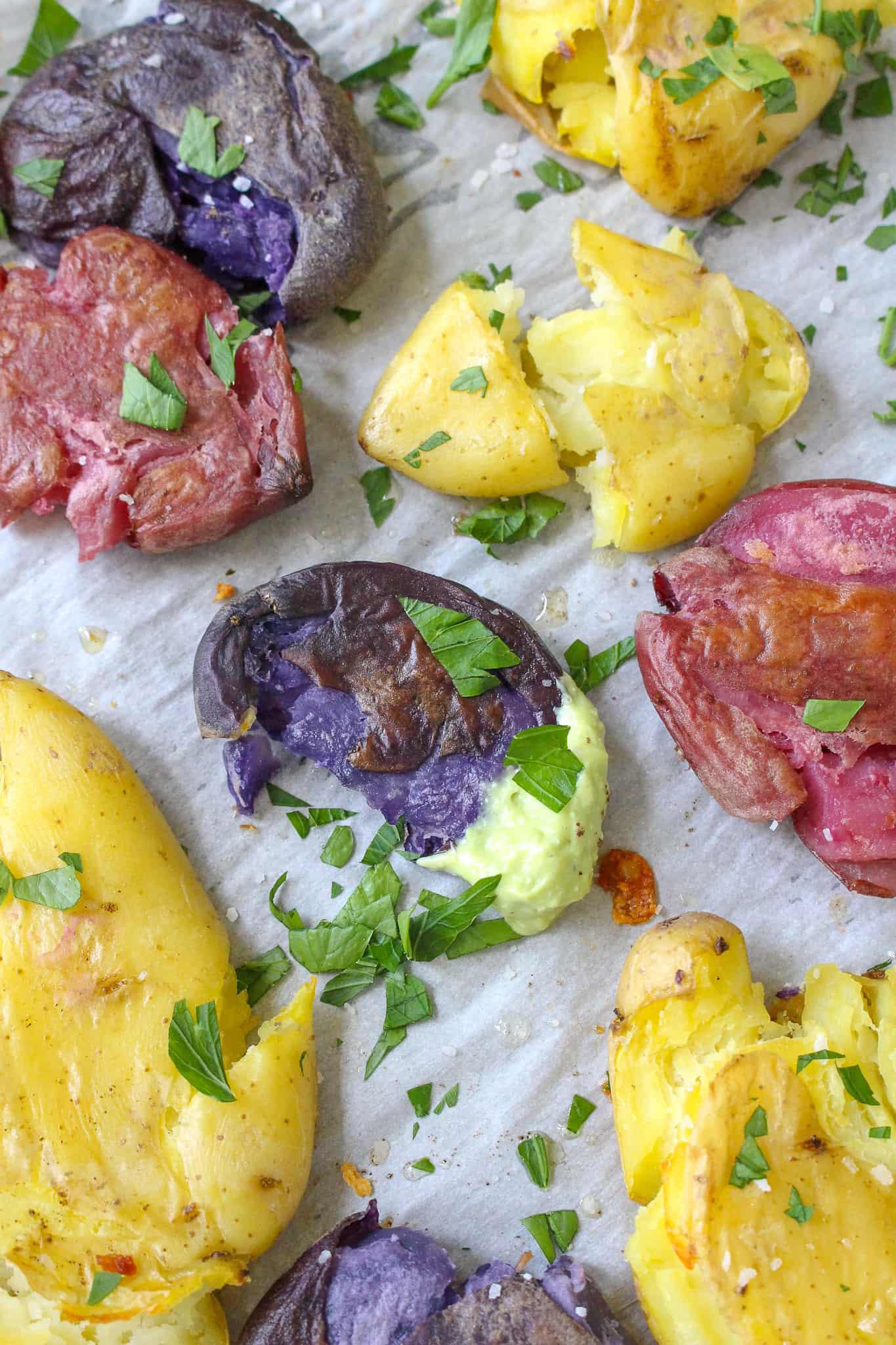 Smashed Potatoes with Avocado Garlic Dip - Lucy & Lentils